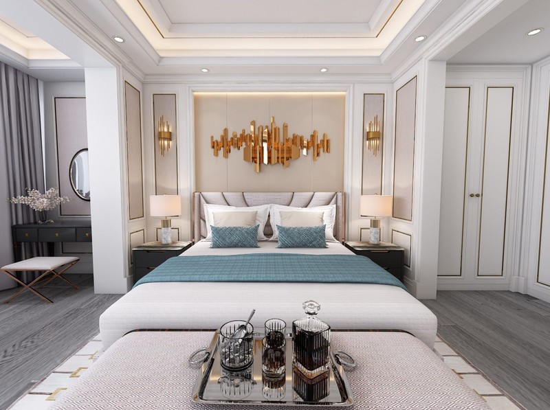 （卧室背景）主卧空间，色彩上采用白色与米色，意在营造一种宁静、温馨的空间氛围。.jpg