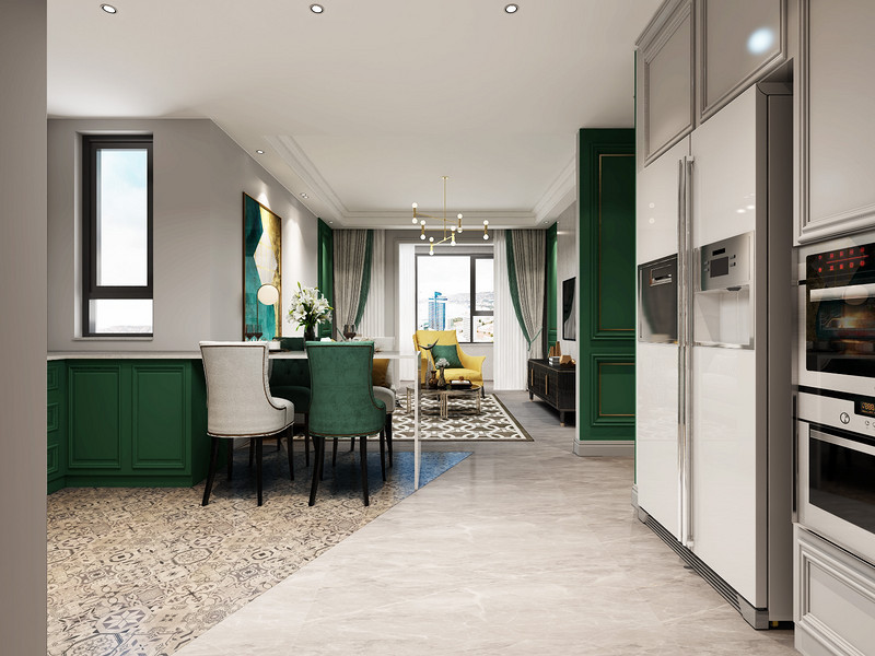 客厅映入眼帘的绿色护墙板造型和橱柜搭配，使空间更和谐自然，.jpg