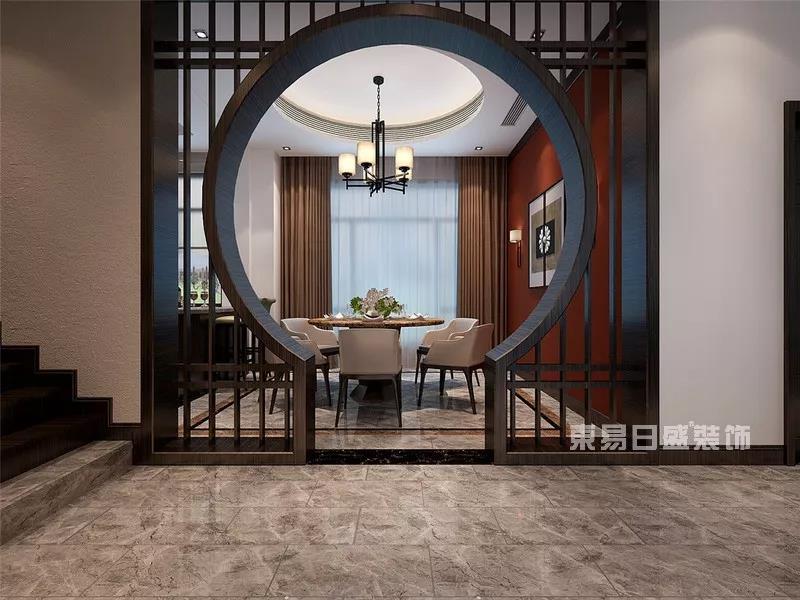 中国园林特色的圆拱门,增加室内空间的进深感,保留空间通透,深色原