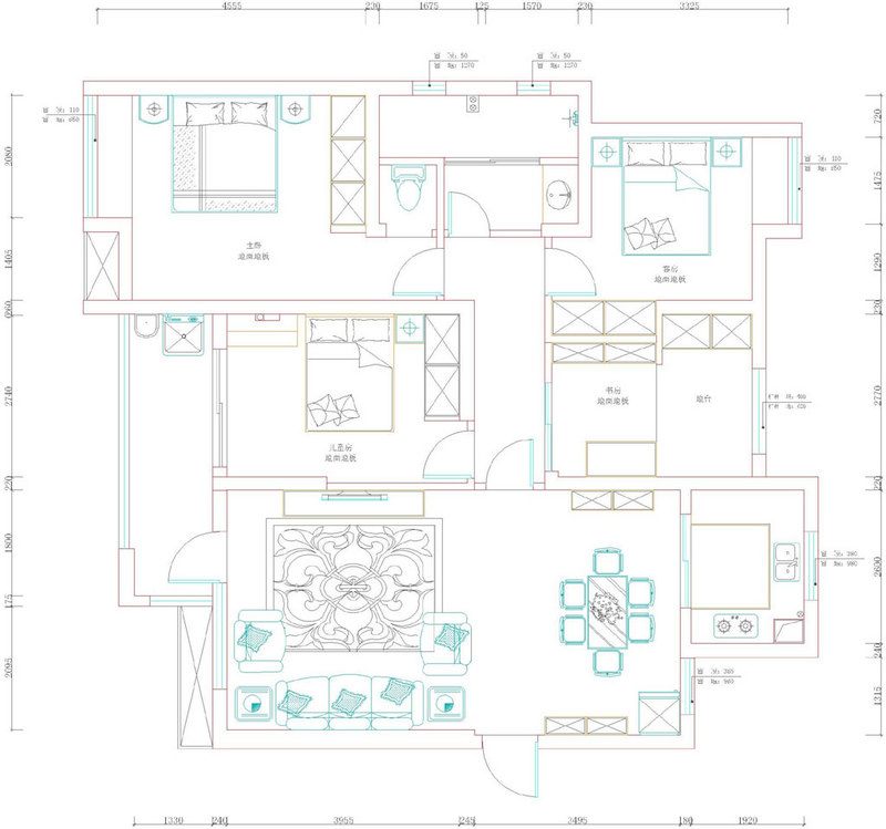 保利时代-140平米-简约风格-三室两厅一厨两卫一书房