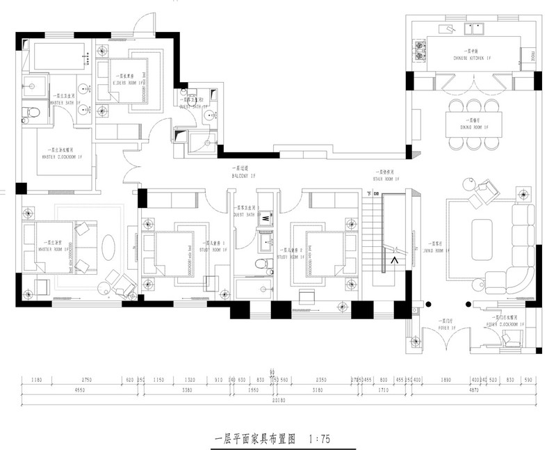 虎门万科紫台-380㎡-现代简约风格-13#跃层户型-一层平面家具布置图(图1)