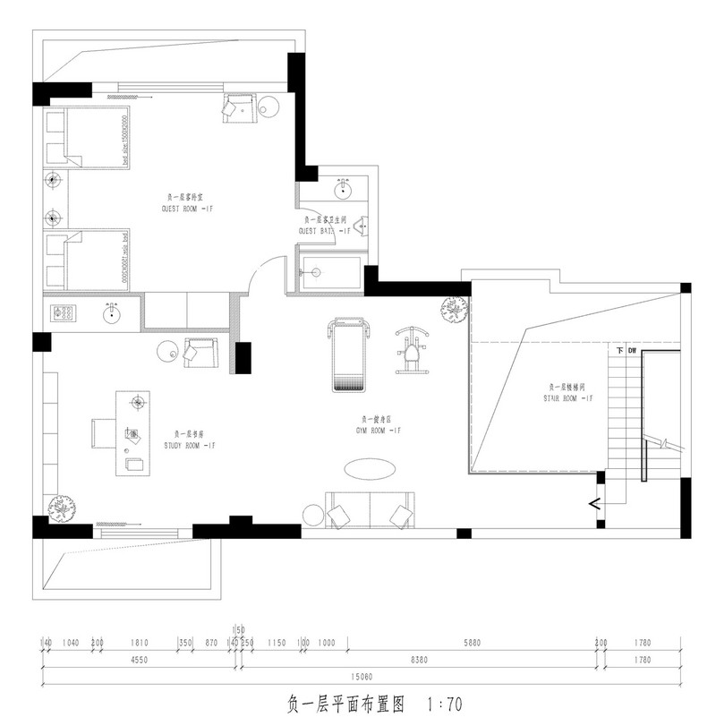 虎门万科紫台-380㎡-现代简约风格-13#跃层户型-负一层平面家具布置图(图2)