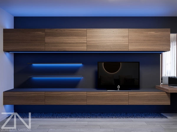 蓝色灯光效果的客厅电视背景墙，这给客厅带来一种酷炫的感觉