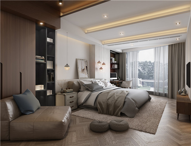 主卧室1：卧室柔和灯光与浅色的实木地板、纺织物都给人温暖感。.jpg