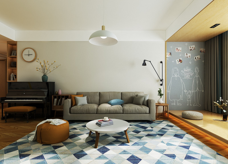 客厅——饱满柔软的灰色沙发，与生俱来的温柔静谧，拥有让人放松的气质。蓝白相间的地毯，灰蓝色的涂鸦墙，将蓝色运用恰到好处，目之所及都是舒服又放松的感觉。.jpg