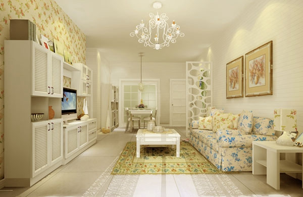 田园风的客厅装修，有着清新自然的特征，白色作为主色调却不单调，因为碎花布满客厅令室内有了温馨。