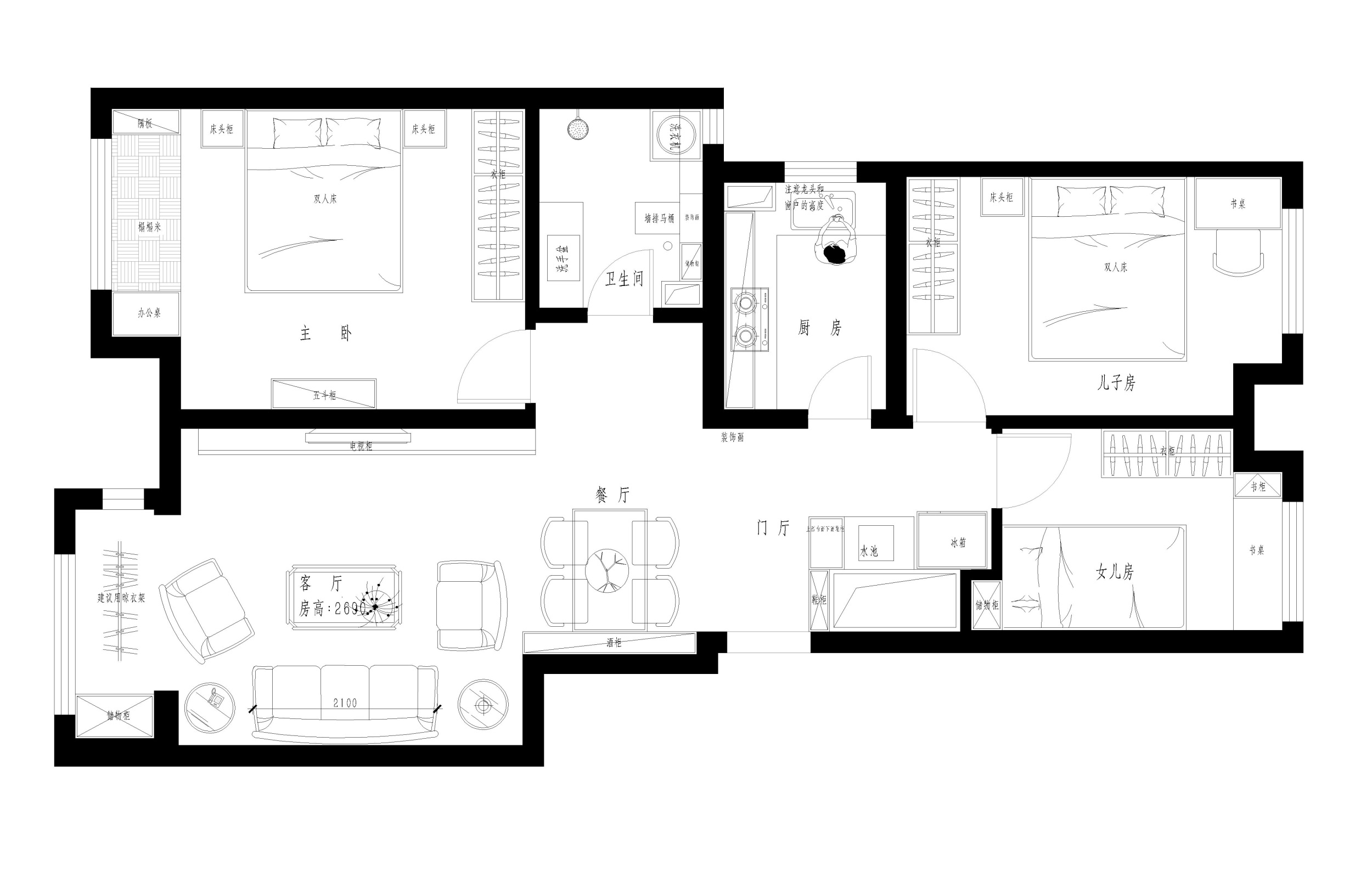 150平三居室户型图