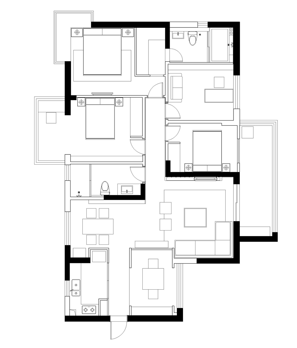 160平三居室户型图