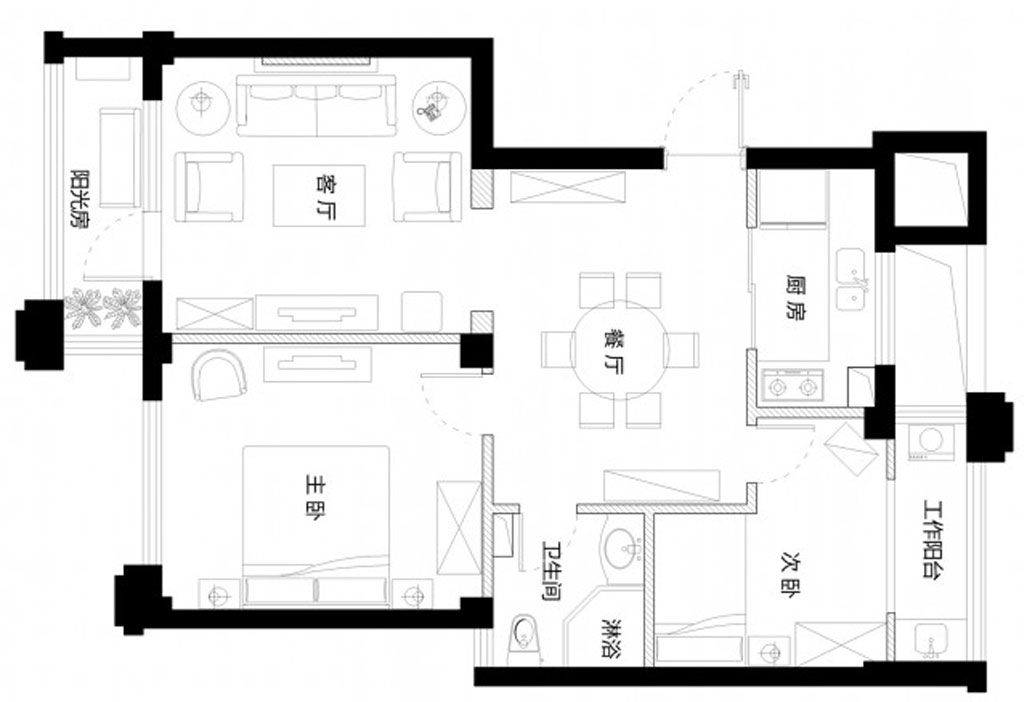 136平三居室户型图