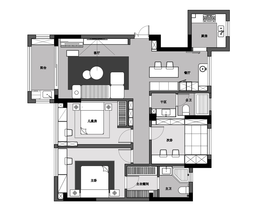 134平三居室户型图