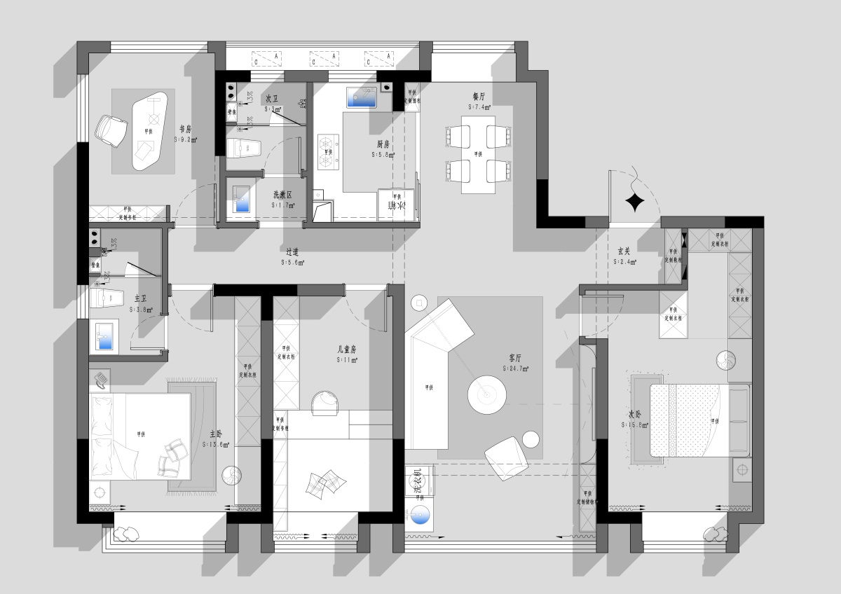 140平四居室户型图