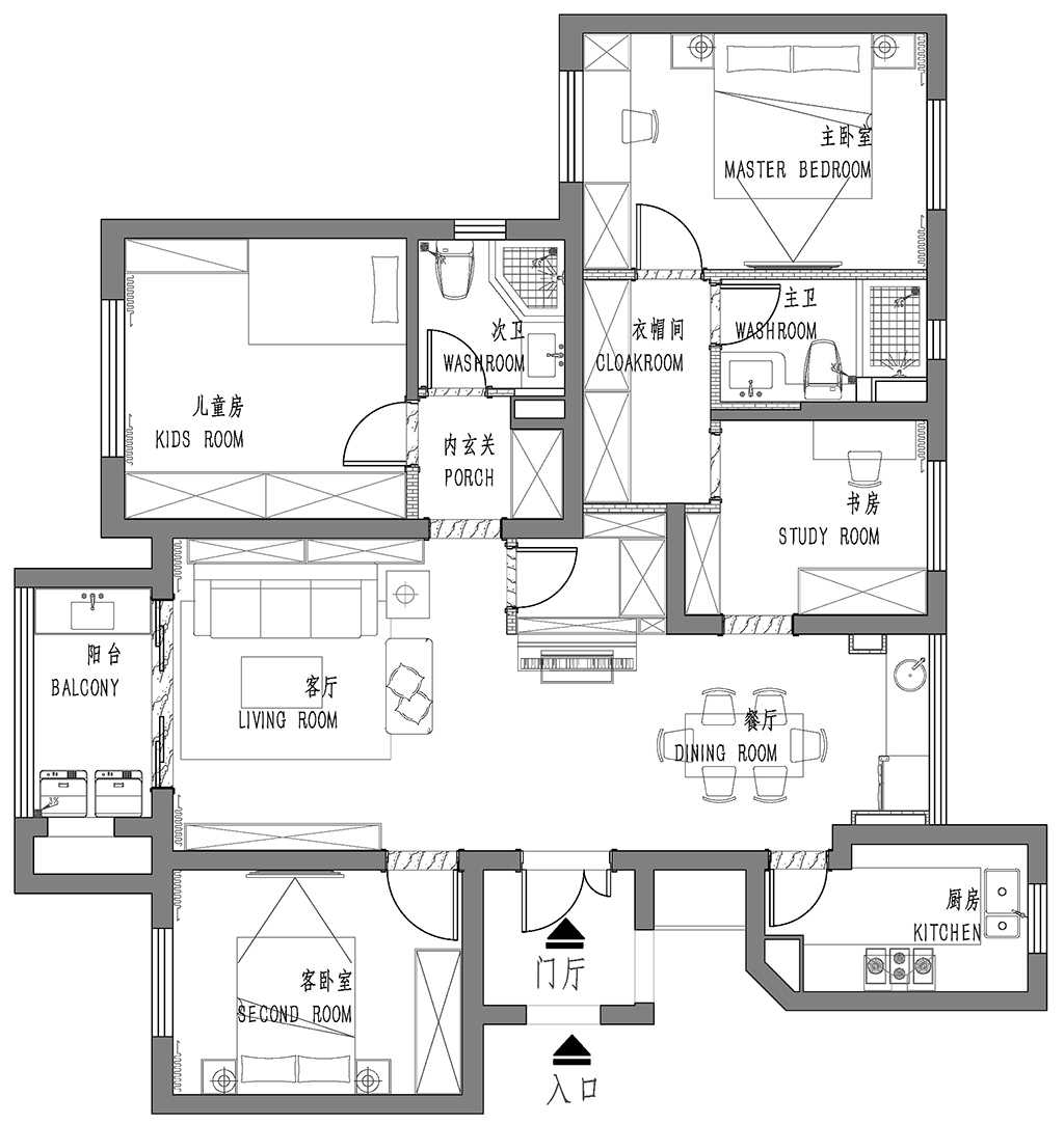 144平四居室户型图