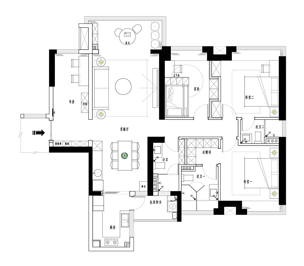 154平三居室户型图