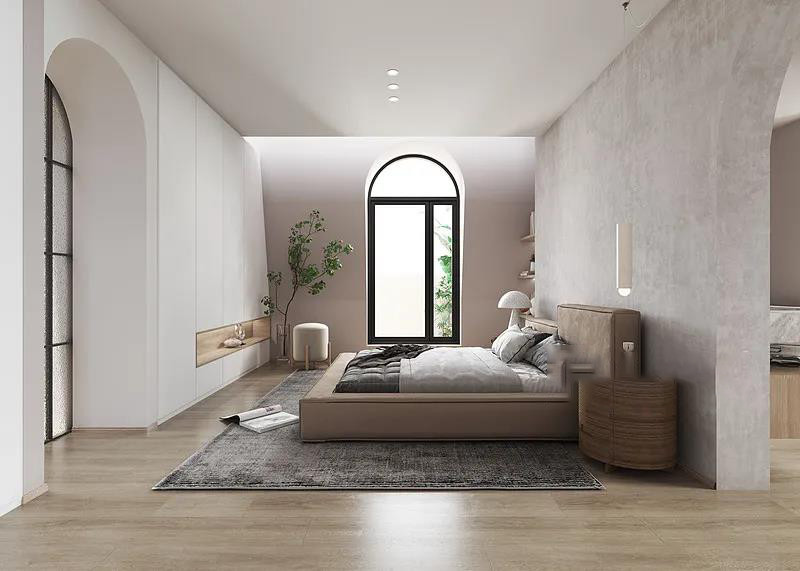 卧室-卧室延用整体的设计风格，原木色和灰白色是空间的主色调，简洁温馨。室内的绿植与窗外的风景相呼应，点缀于暖调的空间中，仿佛置身于大自然一般惬意。床头背景墙通过大面积的留白，不仅凸显出极致极简的美感，还与室内整体风格相互依，融为一体。.jpg