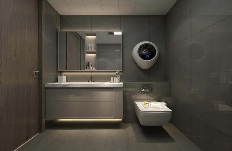 卫生间-悬空浴室柜外加灯带设计，壁挂马桶，整个空间协调统一，马桶上方小型洗衣机，空间合理利用最大化。.jpg