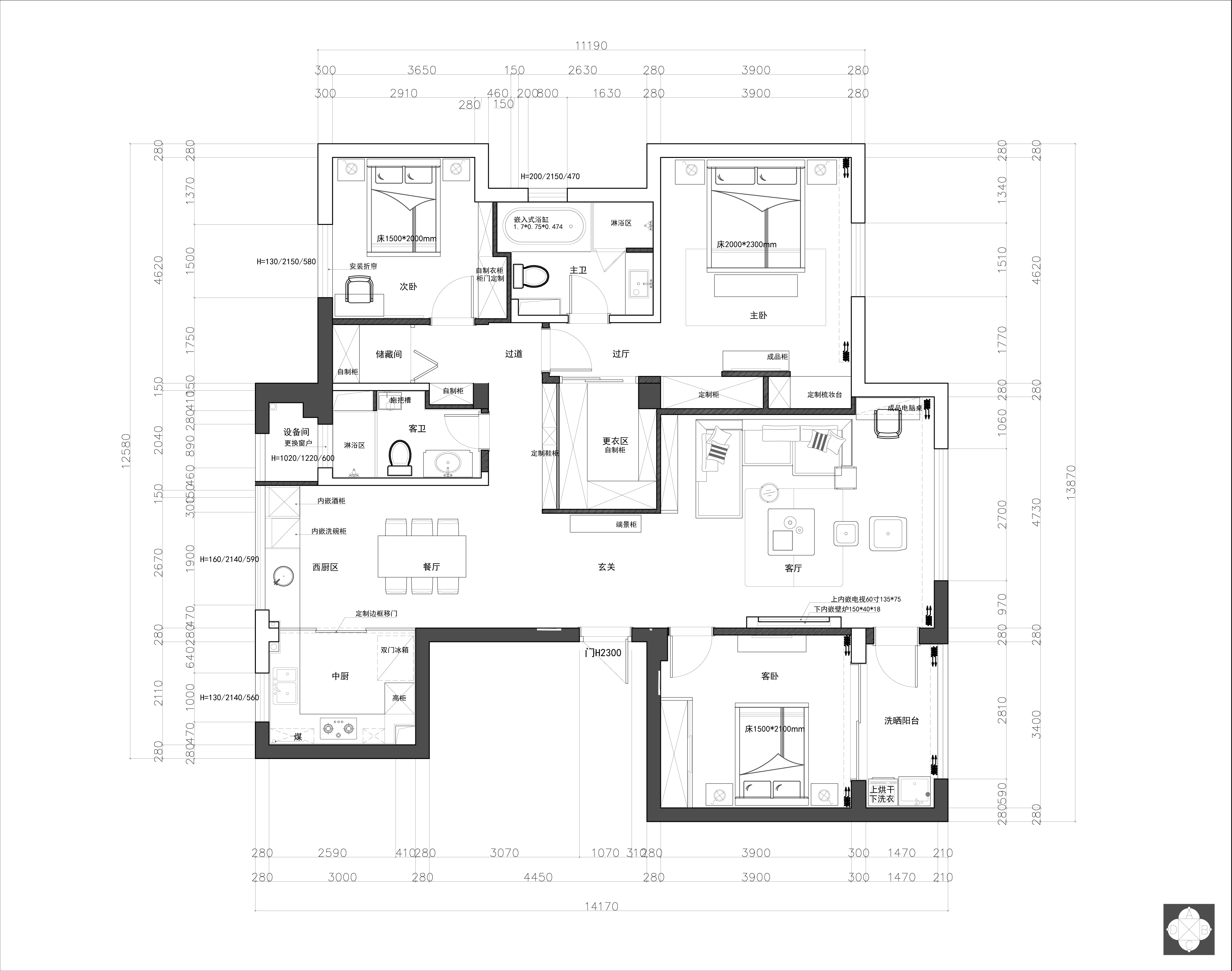 150平三居室户型图