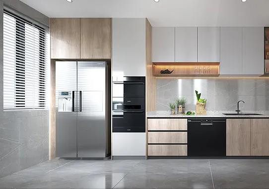 厨房-L型的厨房布局，可以充分利用厨房中间空旷的地区，让用户在洗、切、炒这个过程内形成一个三角型的活动曲线，可以提高备餐效率。嵌入式的冰箱和橱柜融为一体，形成一个整体，使整个厨房看起来非常的整体有序，极大的节省了厨房的空间。.jpg