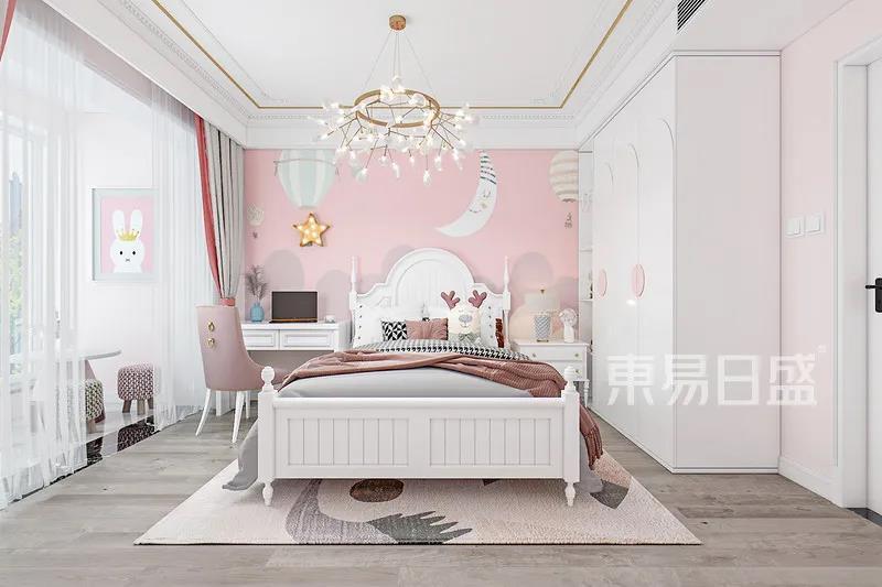 儿童房以粉色为主,粉色的床头背景墙,搭配粉色系的床品和椅子,温馨又