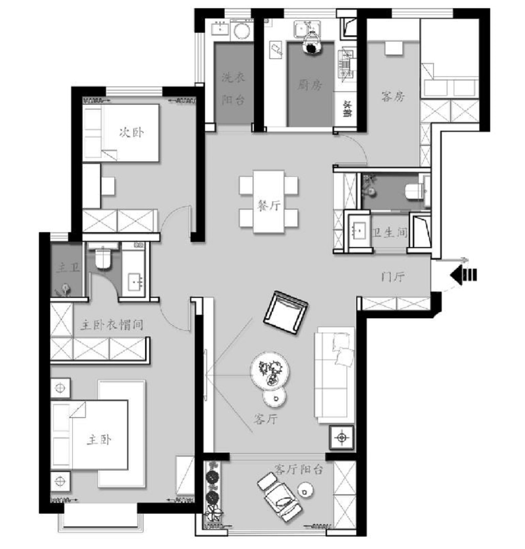 126平三居室户型图