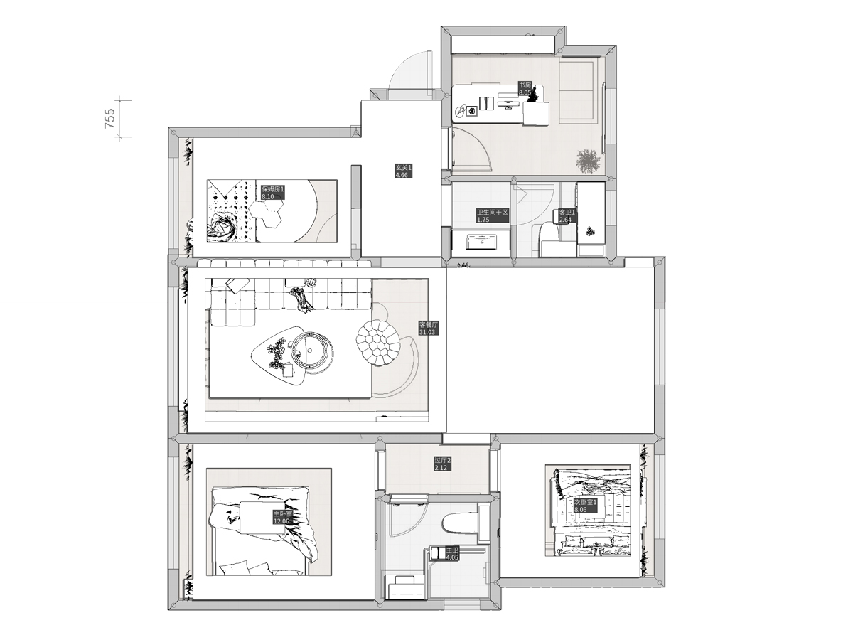 130平三居室户型图