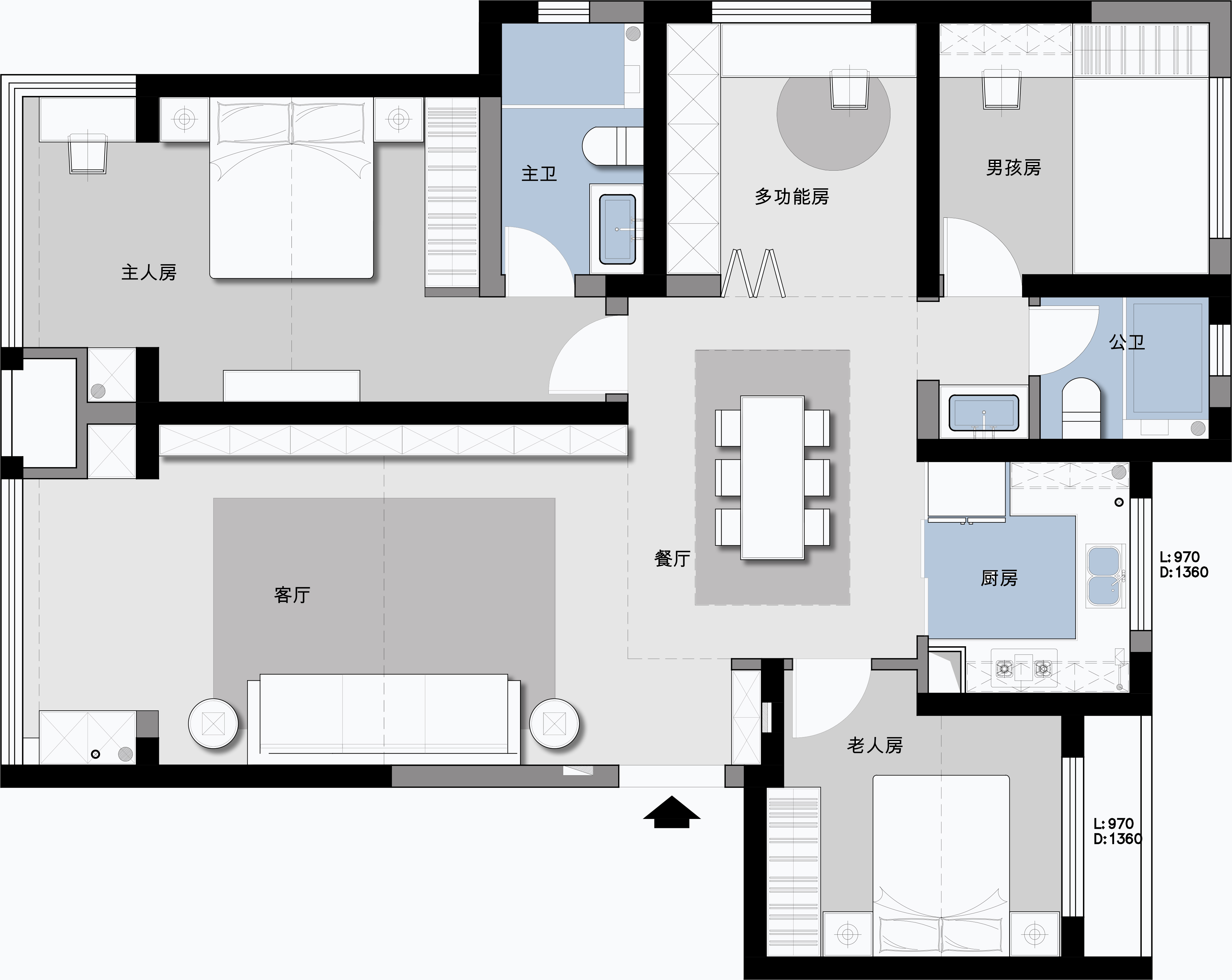 140平四居室户型图