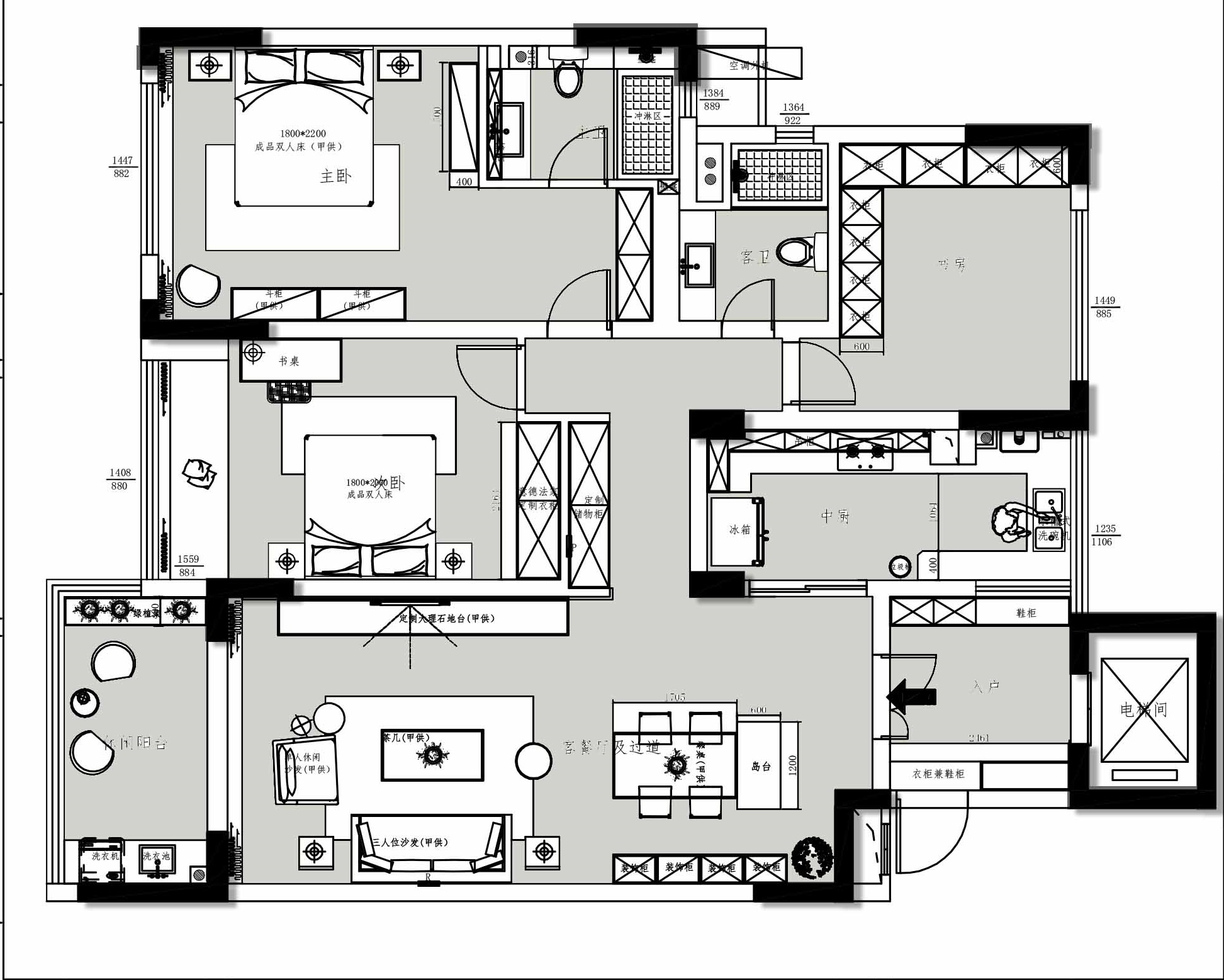 148平三居室户型图