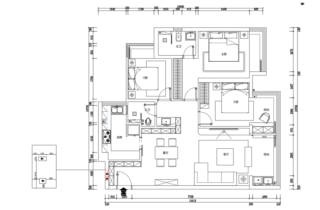 128平三居室户型图