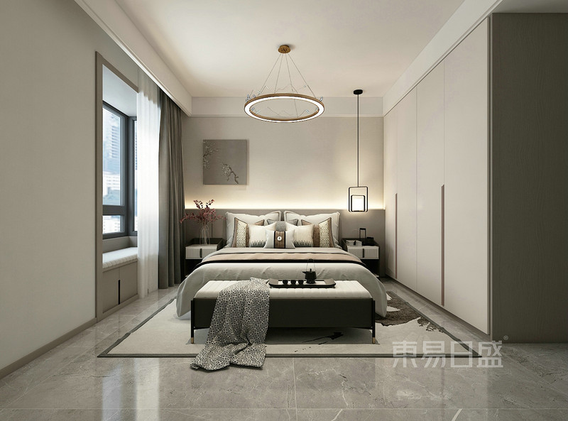 卧室采用温馨色调突出舒适感，并采用极简设计使得空间显得干净利索.jpg