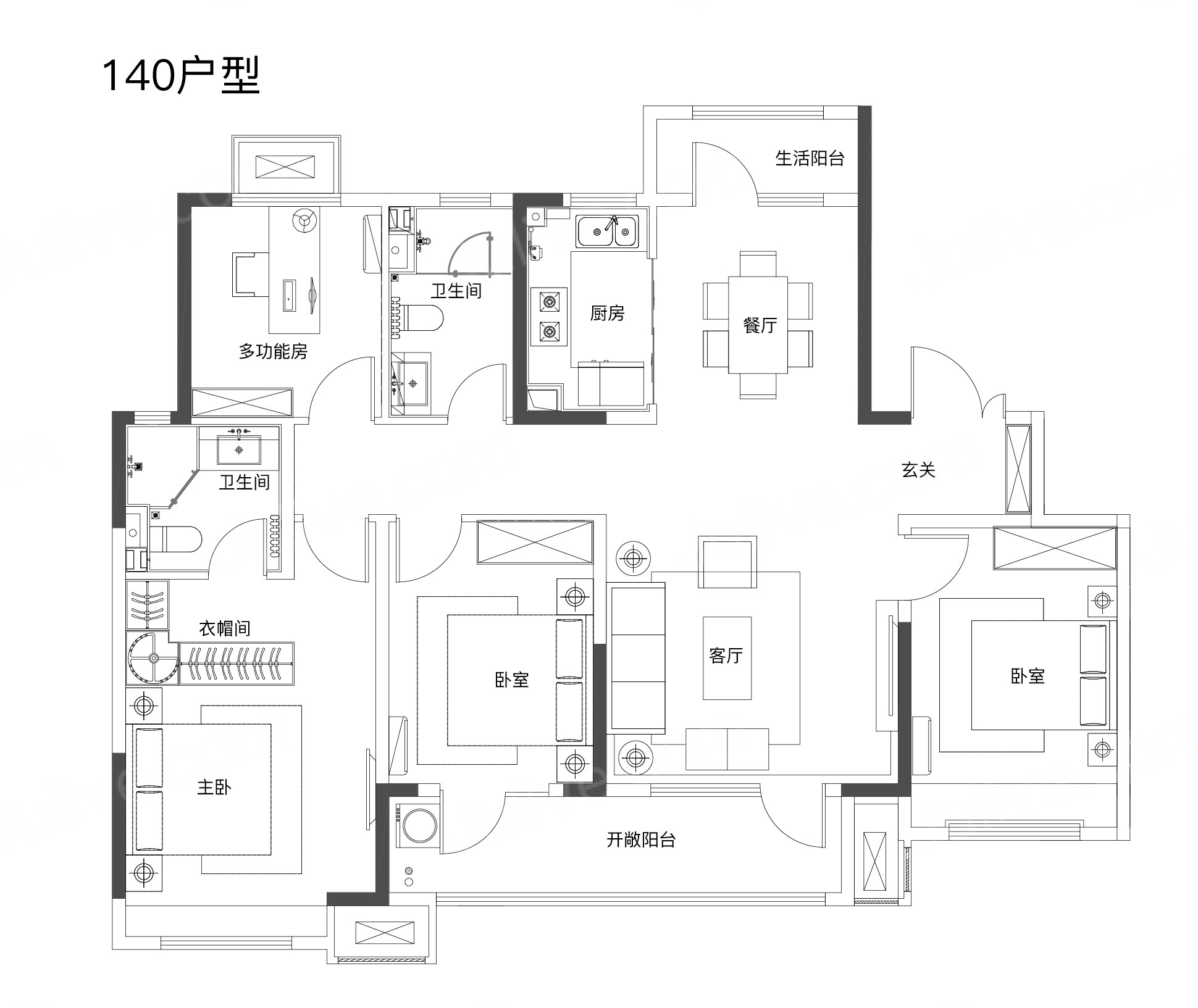 141平四居室户型图