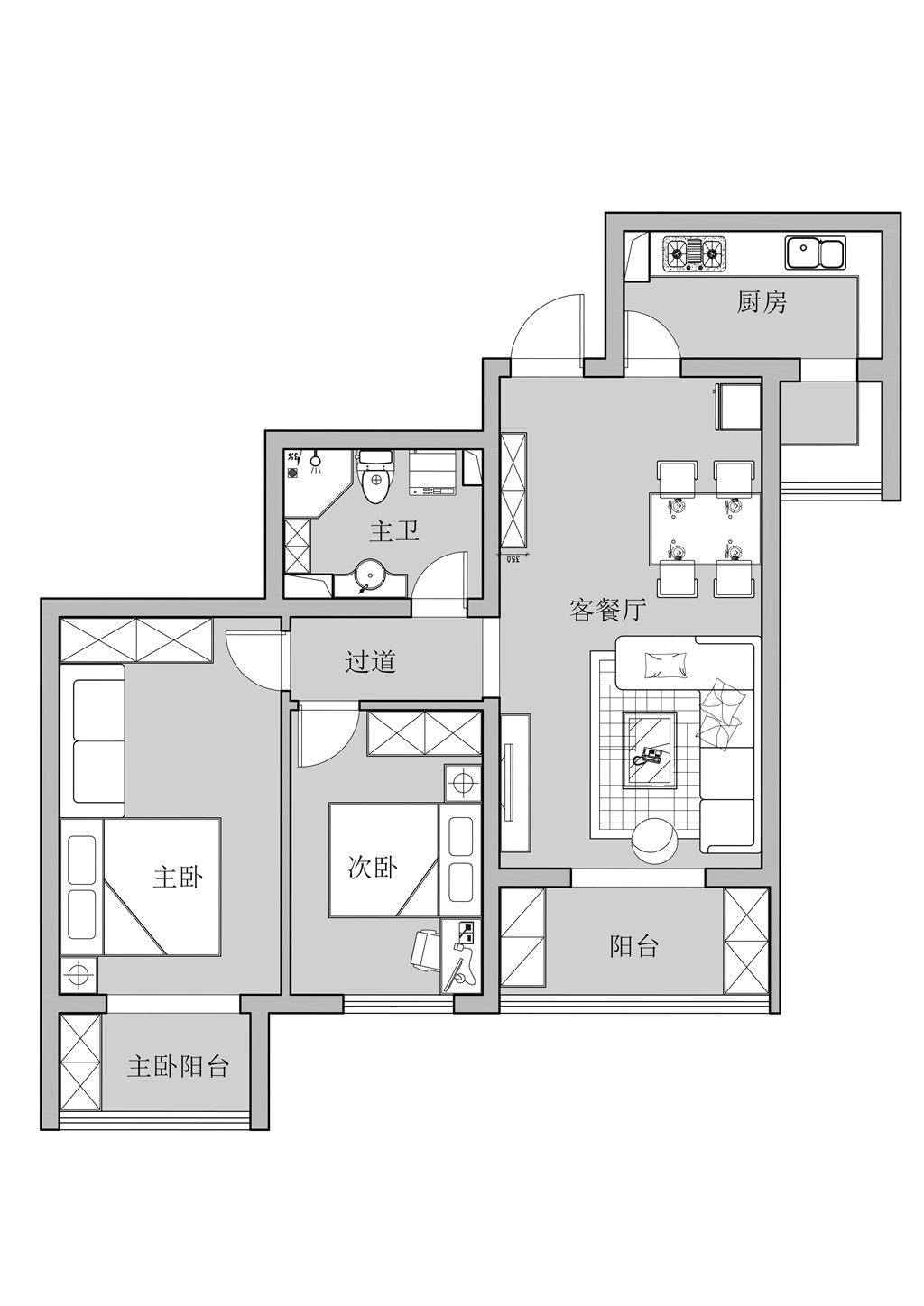 74平二居室户型图