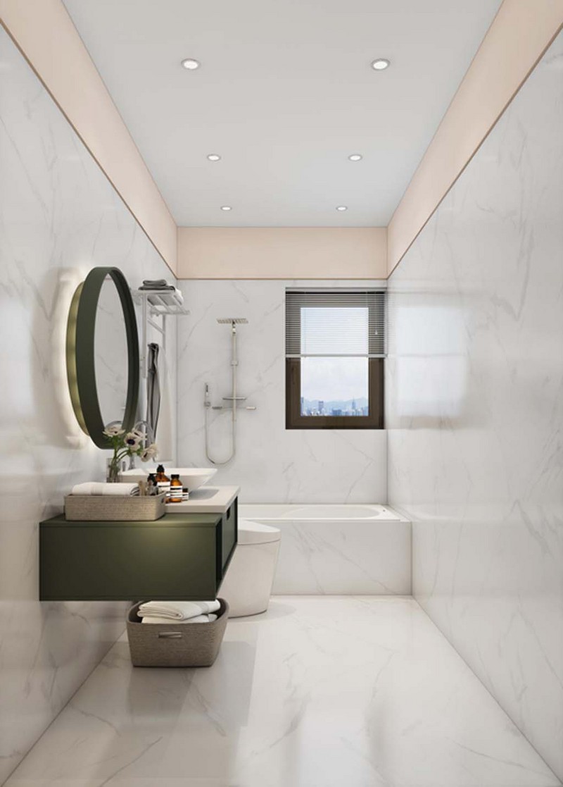 卫生间石材的大面积运用，成为了卫生间最大的亮点，双眼皮石膏线和防水石膏板的运用，使得卫生间大气整洁，绿色浴室柜点缀其中，灵动活泼.jpg