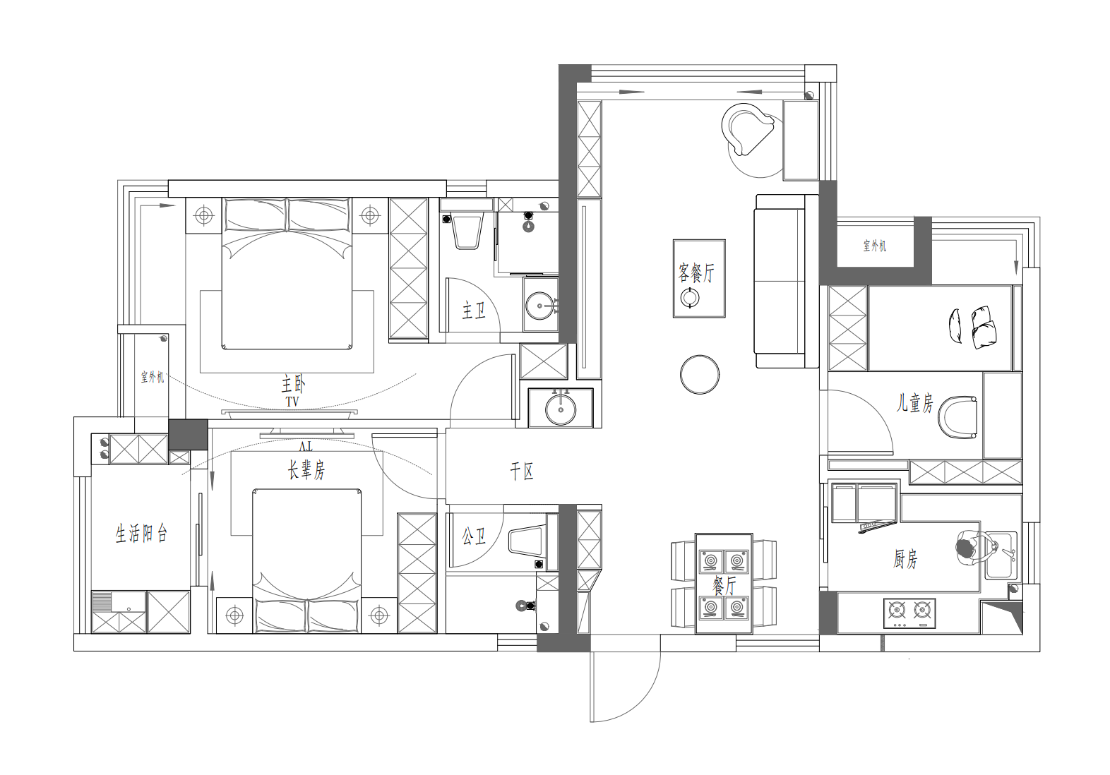 75平三居室户型图