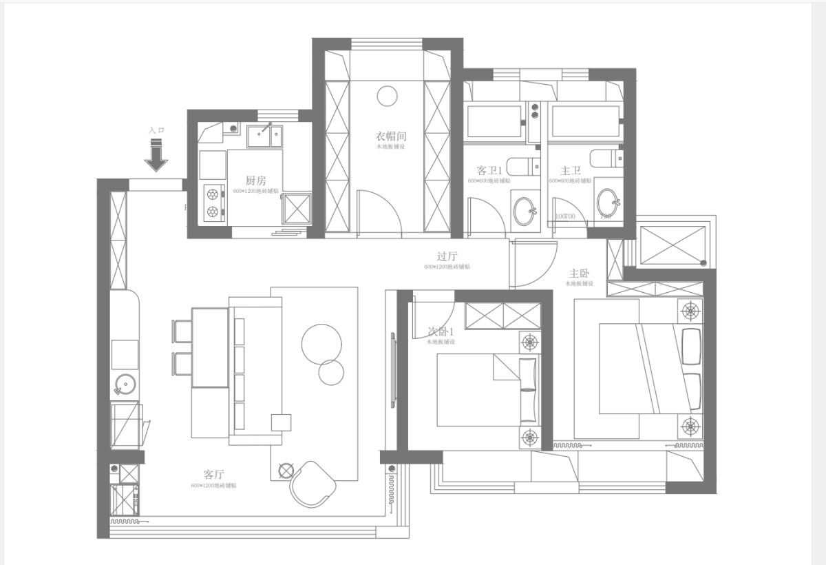 112平三居室户型图