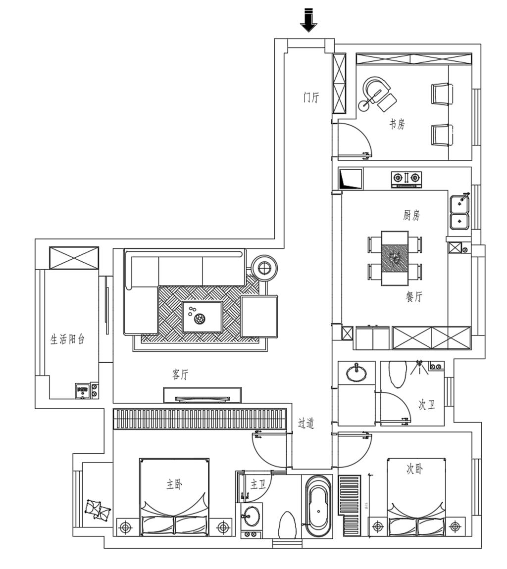 125平三居室户型图