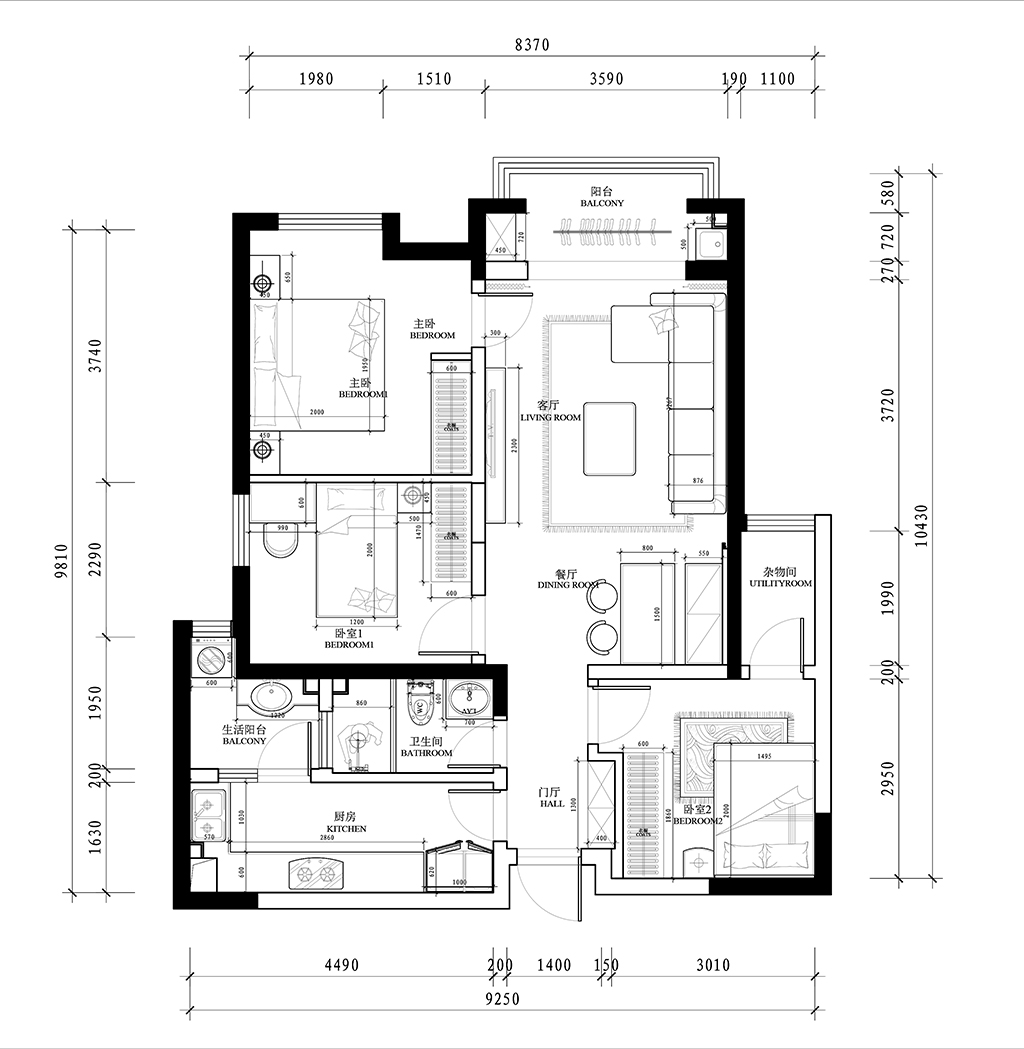 140平三居室户型图