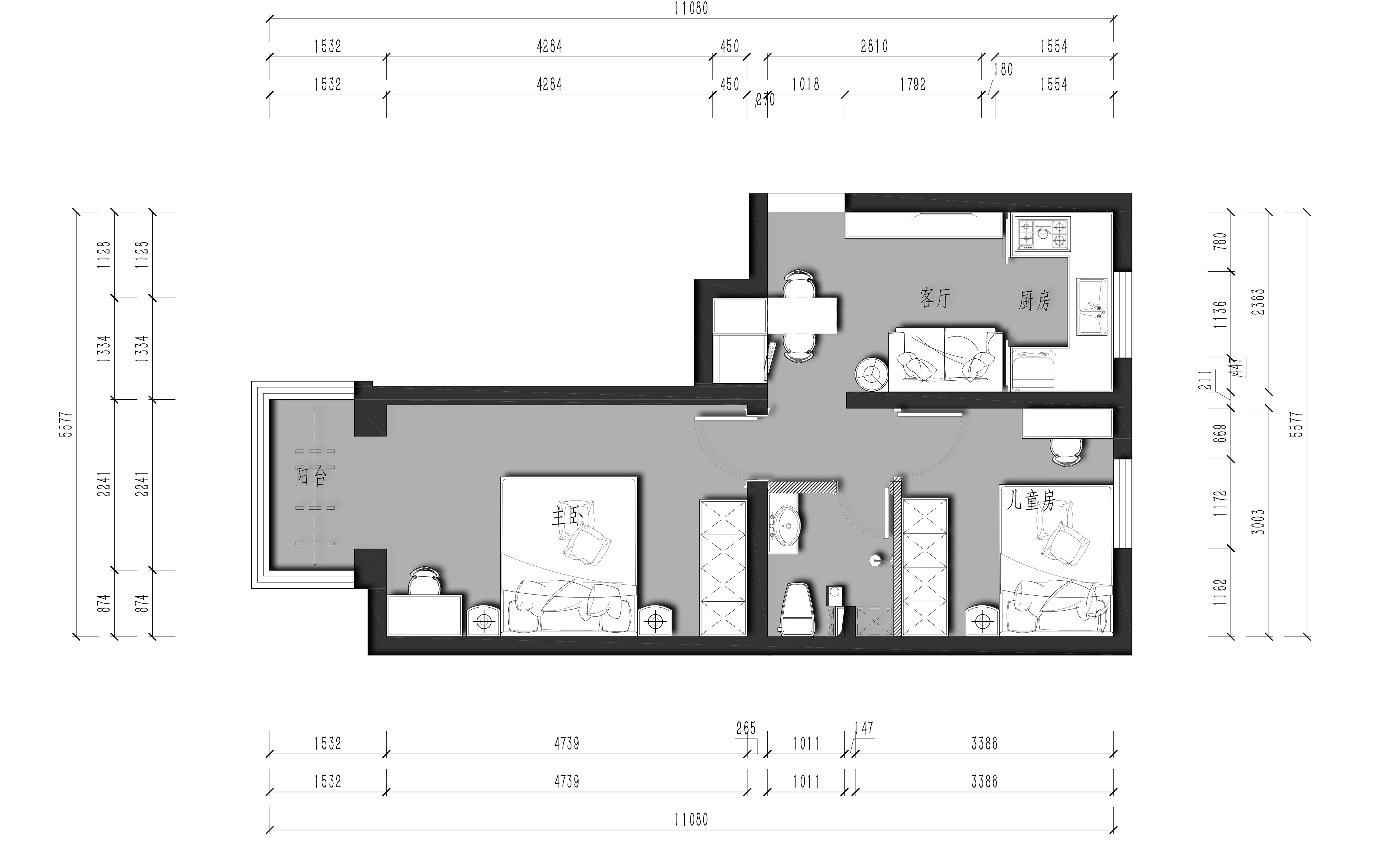 44平二居室户型图