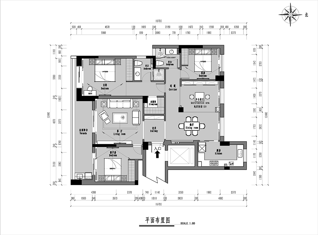 148平三居室户型图