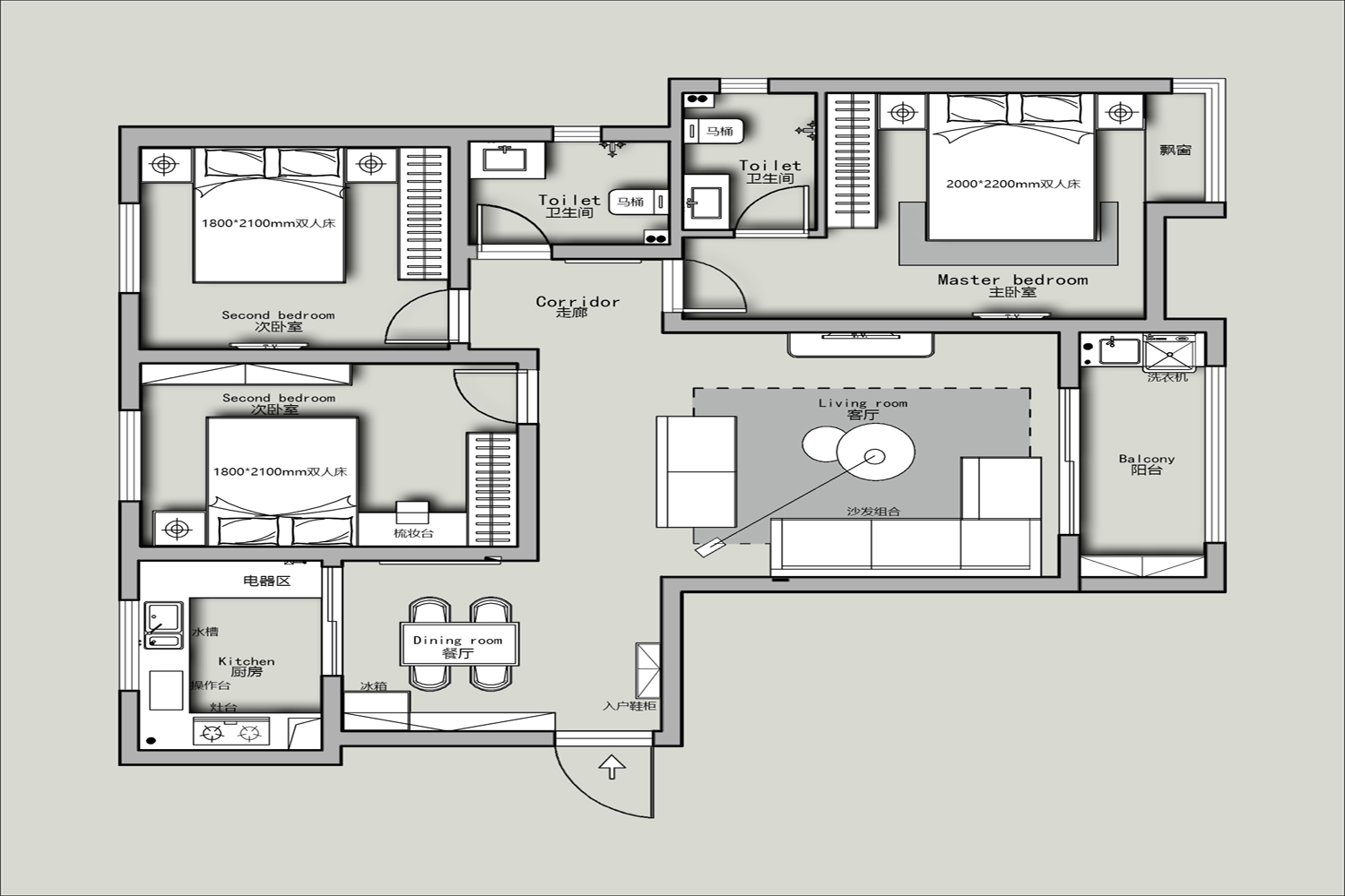 142平三居室户型图