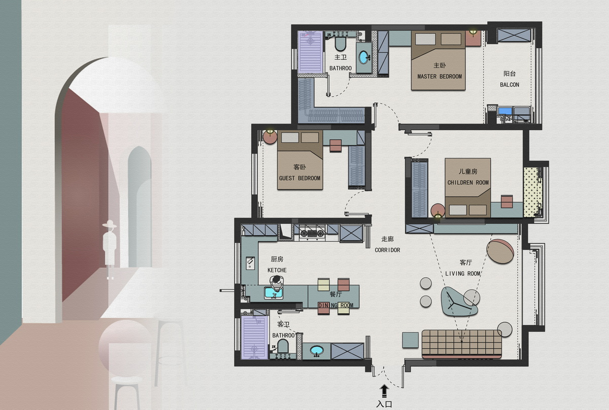 144平三居室户型图