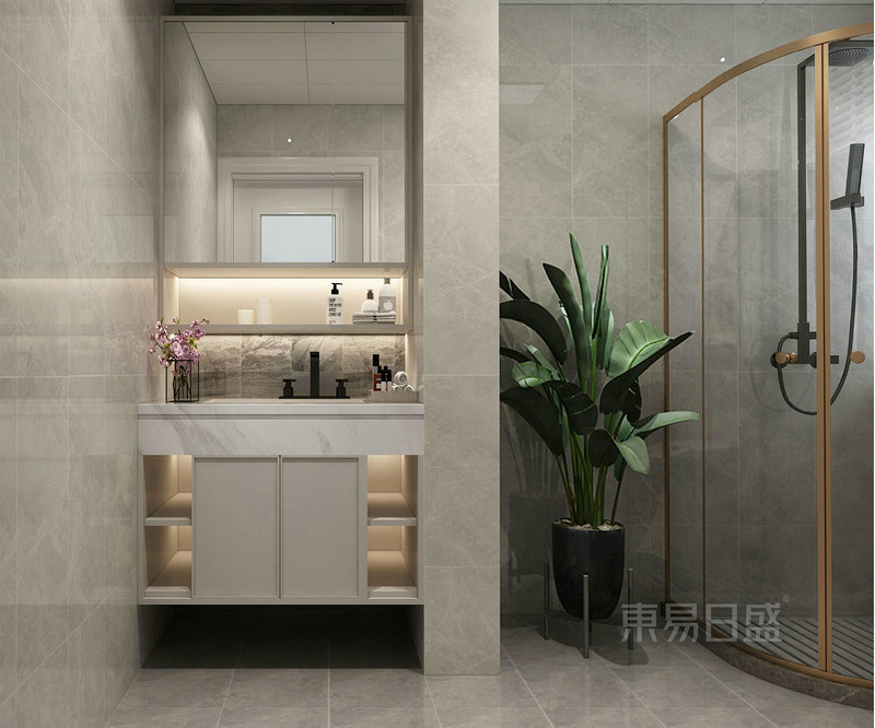 卫生间暖灰色系的瓷砖和浅咖色的浴室柜非常统一，开放格的设计灵魂不呆板，淋浴隔断的设计轻松做到了干湿分区。.jpg
