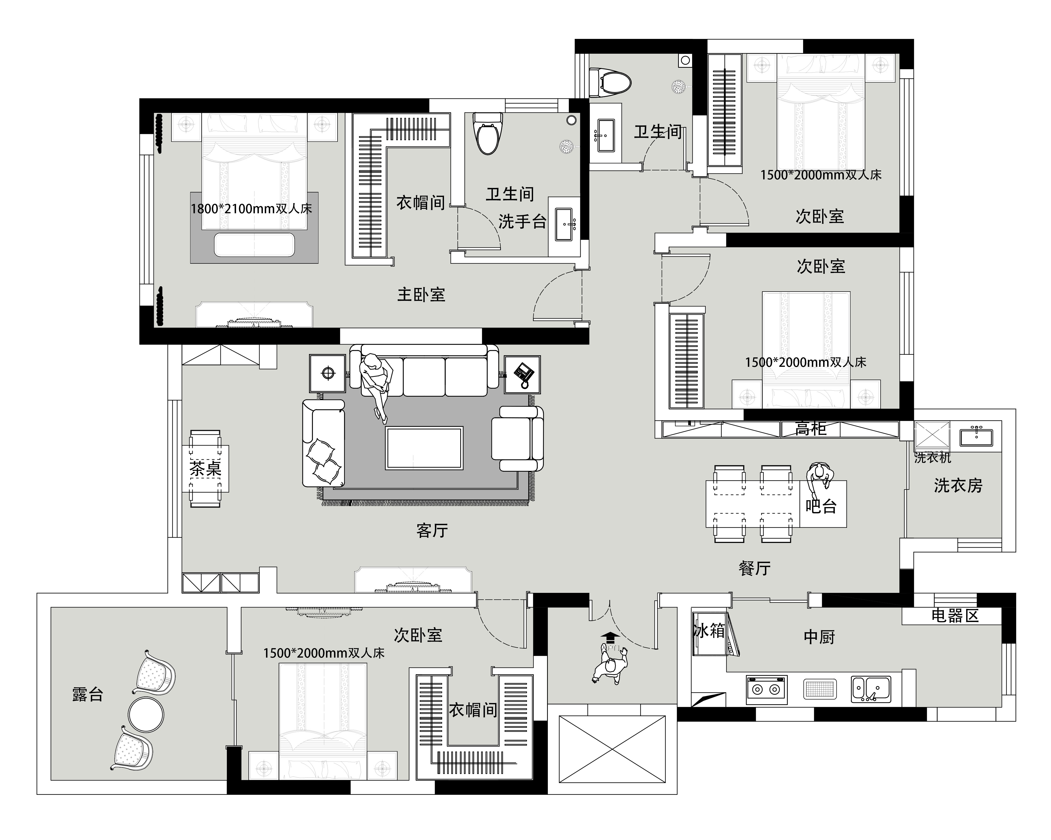 160平四居室户型图