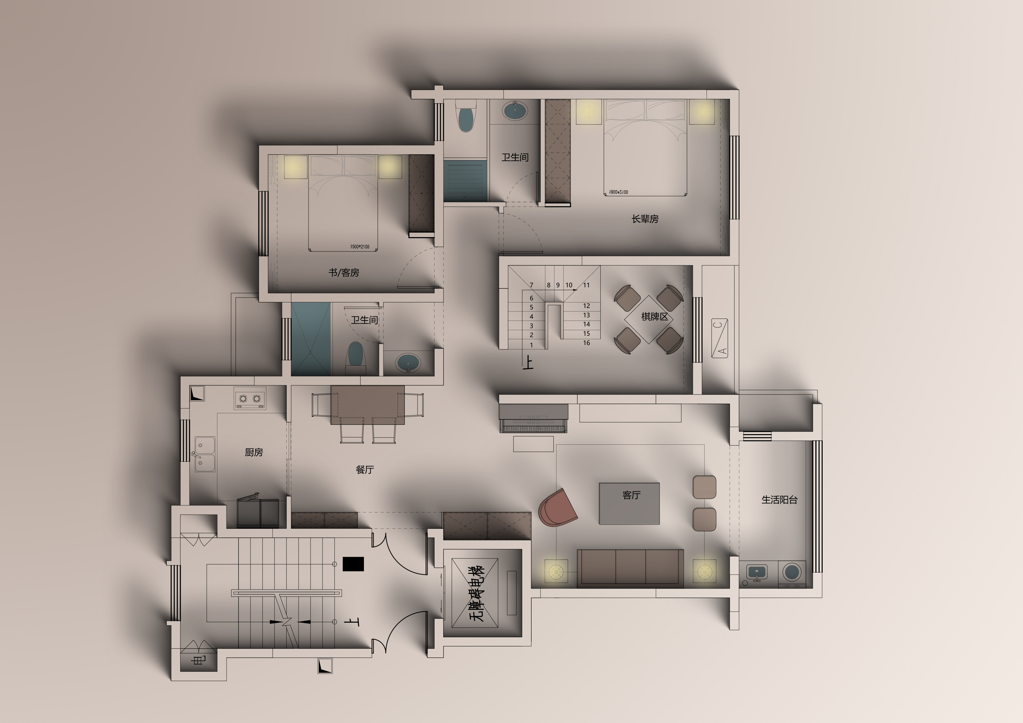 184平三居室户型图